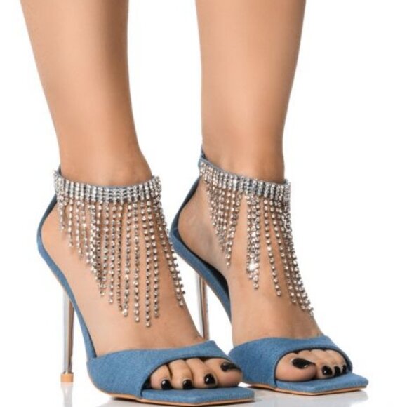 AZALEA WANG " VANITY VICTORIA " EMBELLISHED STILETTO SANDAL IN DENIM (BRAND NEW! - Picture 1 of 7